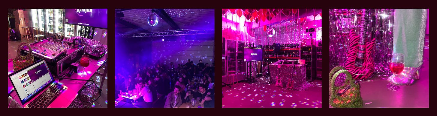 A series of 4 images depicting Not A Lead Singer karaoke events. The first image shows the decks close up, the second a zoomed out crowded room of attendees under a disco ball, the third a zoomed out view of the karaoke station, and the last showing a blowup guitar resting next to a pair of feet dressed in silver heels. All the images have a pink and purple hue from the karaoke room lighting. 