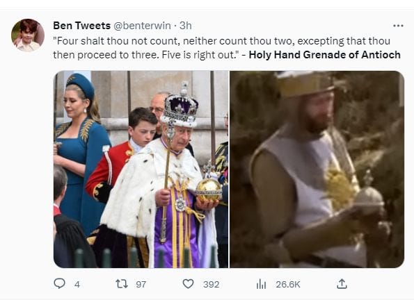 May be an image of 6 people and text that says 'Ben Tweets @benterwin • 3h "Four shalt thou not count, neither count thou two, excepting that thou then proceed to three. Five is right put Holy Hand Grenade of Antioch 97 392 26.6K'