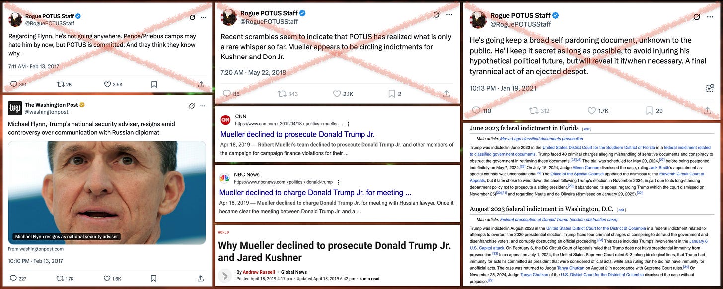 three tweets from @RoguePOTUSStaff, and headlines contradicting the claims in the tweets