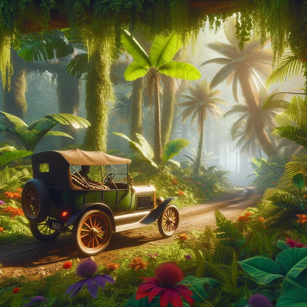 um ford T atravessando a selva