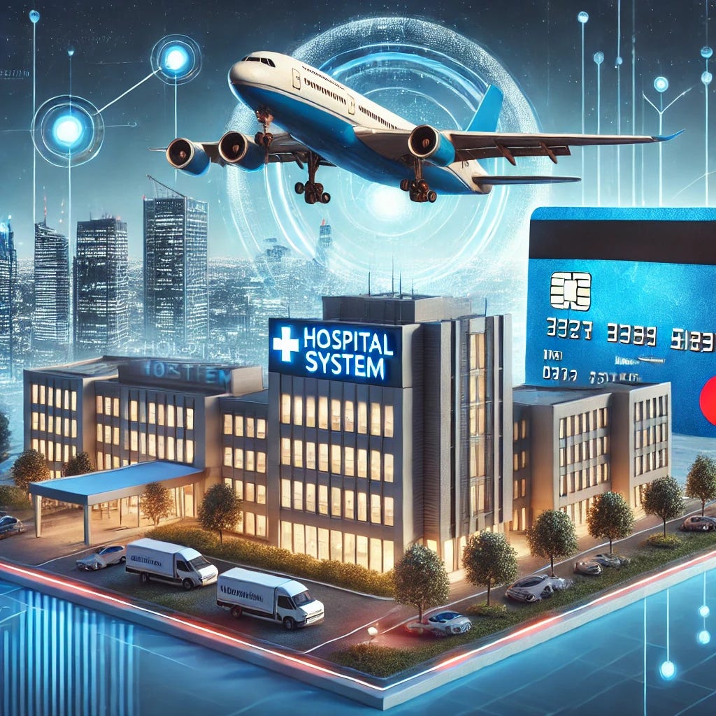 A conceptual image juxtaposing a modern hospital system, an airline, and credit cards. The image shows a hospital building with its logo prominently displayed, next to a commercial airplane taking off, with a stack of credit cards floating nearby. The visual integrates elements of healthcare, travel, and finance, symbolizing the interconnectedness of these industries. The setting includes a futuristic cityscape background, emphasizing the corporate and technological aspects of each sector. Highly detailed, professional digital illustration.