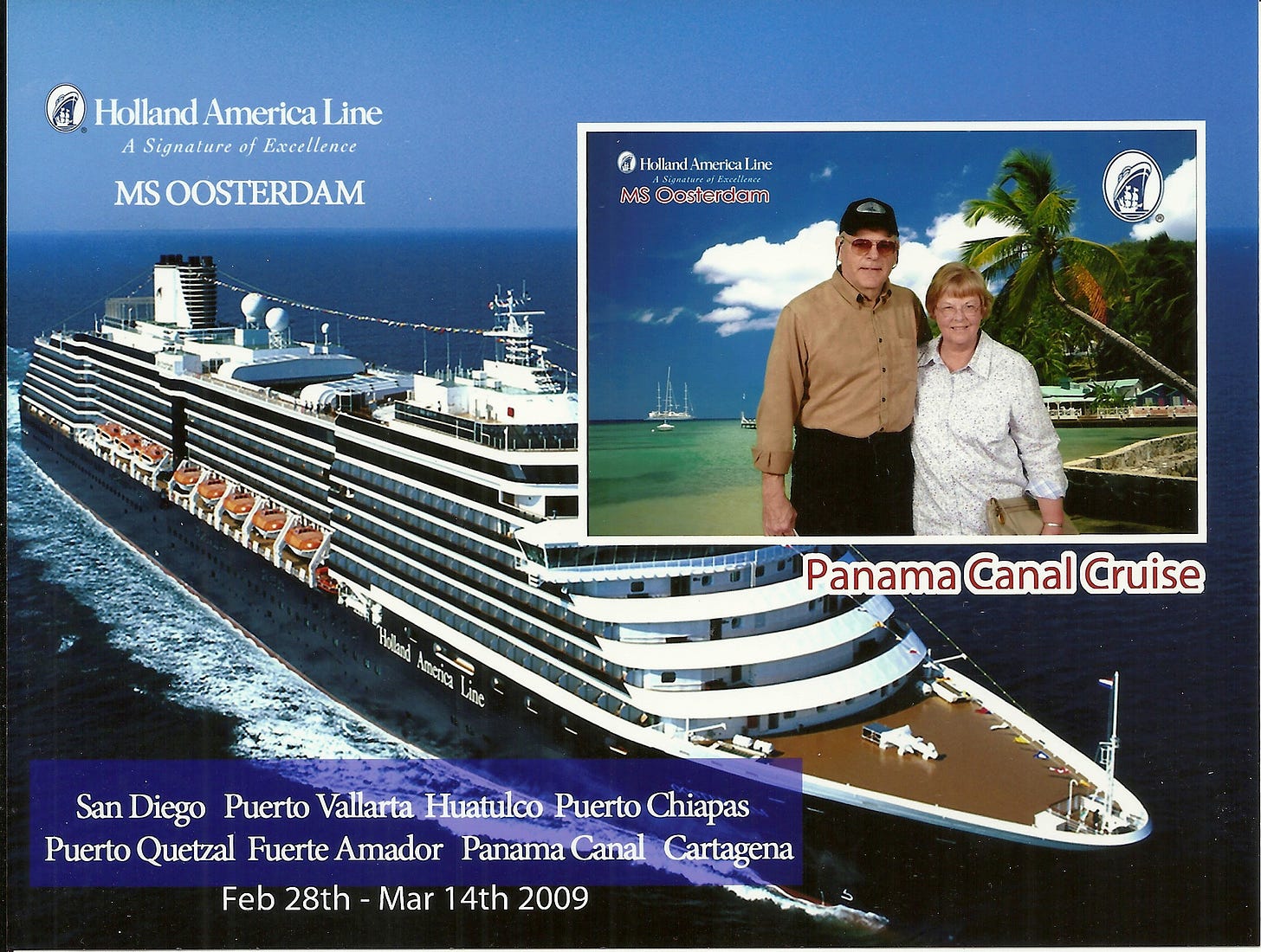 Souvenir photo from cruise shows 60-something couple and the oceanliner they sailed on