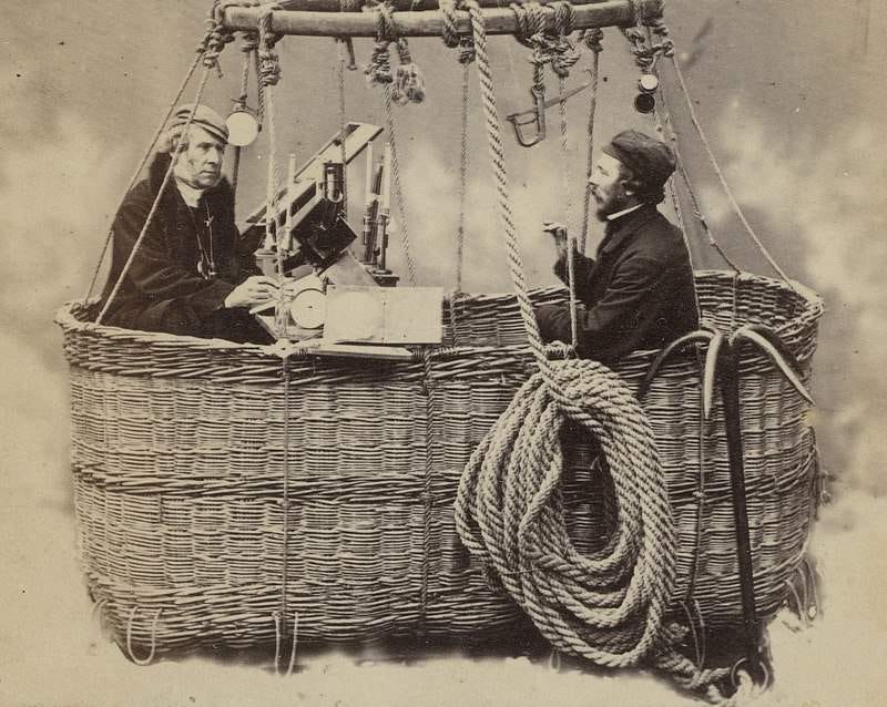 Photo of James Glaisher and Henry Coxwell in a balloon basket in 1864.