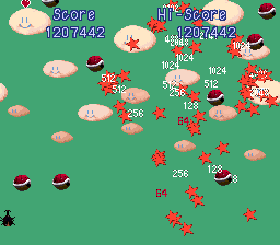 A screenshot from the sky stage of Beetle Mania, which features a bunch of shells, exploding "shrapnel" stars, and a score of over 1.2 million points