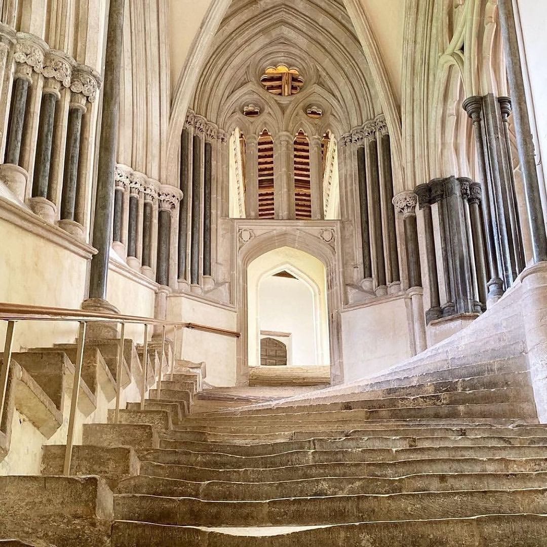  Here is a photo by Sue Moscow of the waterfall steps of Wells Cathedral that caught Goudge’s imagination for this scene. It would quite the trip down those in a canoe