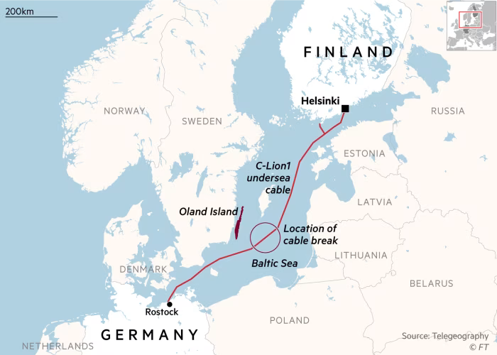 Map showing the location od the C-Lion1 subsea communications cable between Finland and Germany, which has suffered a break in the Baltic Sea