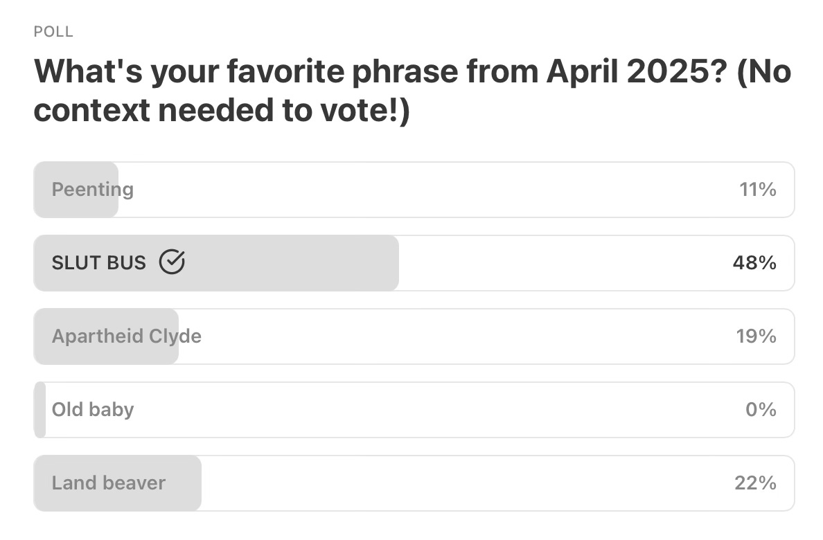 April 2025 poll results: SLUT BUS 48%, land beaver 22%, Apartheid Clyde 19%, peenting 11% and Old baby 0%
