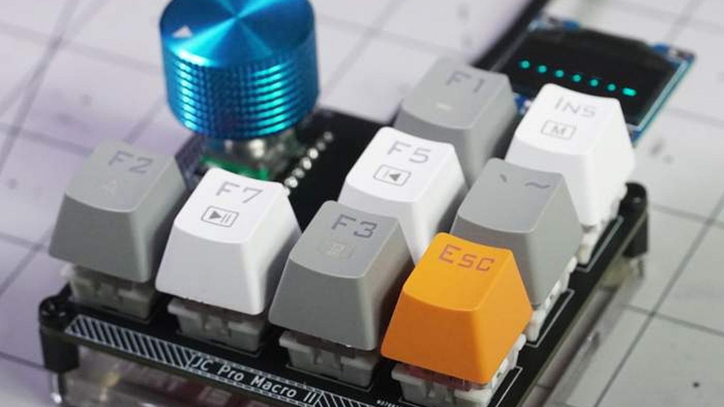 Mechanical Macro Keypad with 8 customizable keys, rotary encoder, GPIO breakouts, and optional screen. Funding is done, but sign up to be notified when available via the link below: