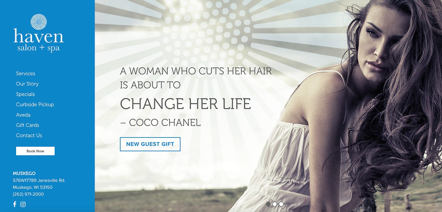 Haven Salon and spa website. Text: a woman who cuts her hair is about to change her life - coco chanel. Image: Sepia toned picture of lady with pretty long hair