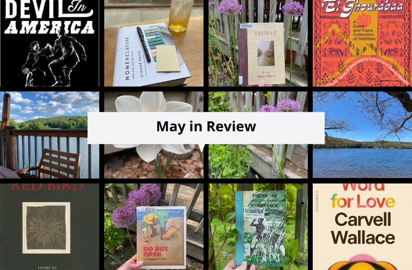 May in Review in a white text box over a grid of photos that appear in this newsletter: book covers, Ashfield Lake, and flowers.