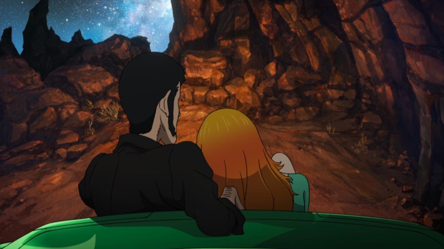 A person and person sitting on a green bench looking at a starry sky

Description automatically generated