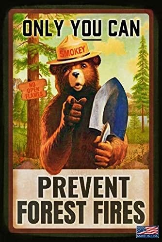 Classic Smokey Bear! 8&#34;x12&#34; All Weather Metal LOG CABIN Decor Rustic Distressed Lodge U.S. Forest Service National Park Decor Behave!
