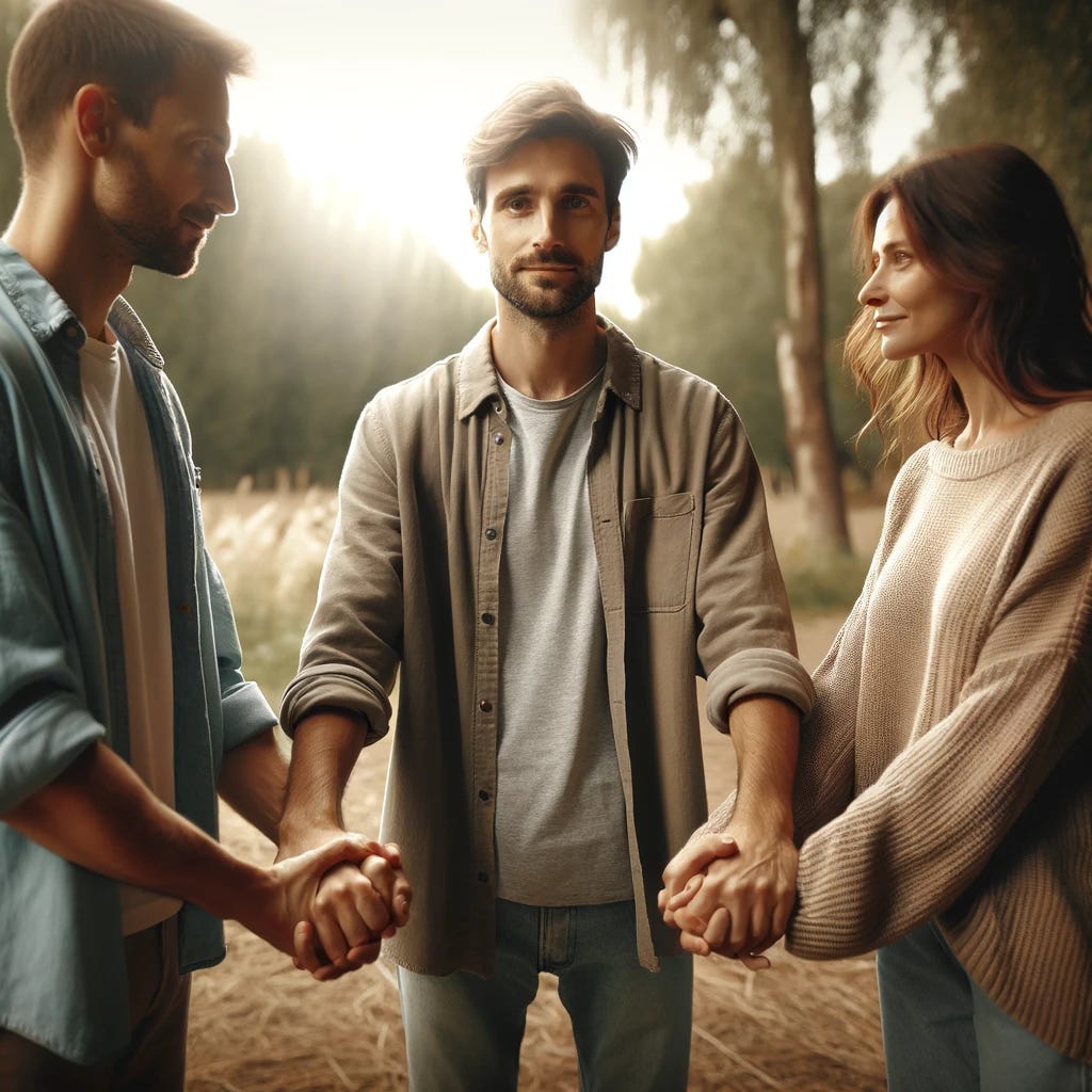 A man in the center holding hands with a woman on his right and another man on his left, in a friendly and affectionate manner. They are standing in a natural setting, perhaps a park, with trees and grass in the background. The scene is peaceful and harmonious, emphasizing friendship and connection. The individuals are dressed casually, reflecting a relaxed and comfortable atmosphere.