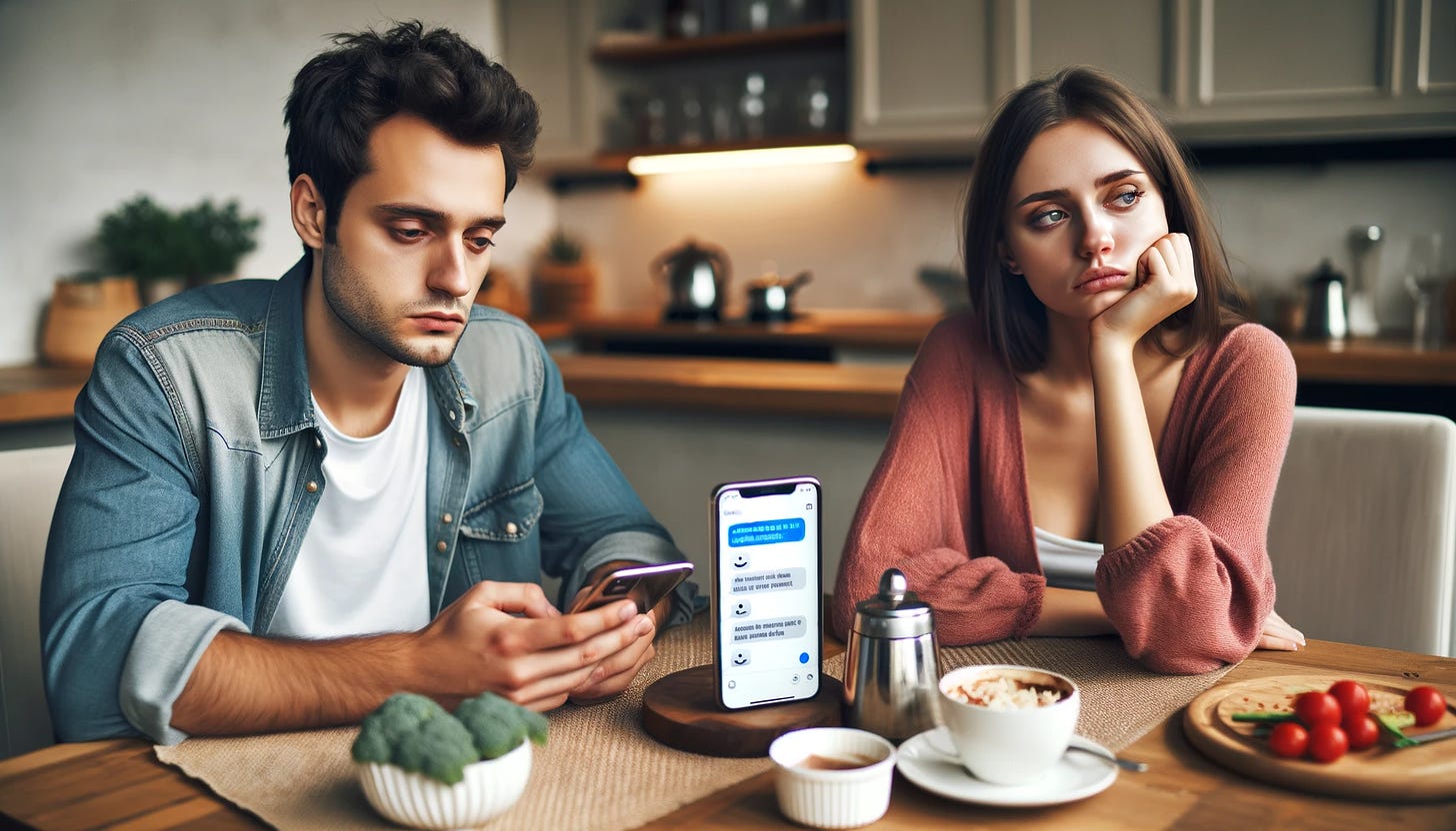 A young couple sitting at a dinner table, looking frustrated and disconnected. The man is distracted, looking at his smartphone which shows an AI chat interface with automated replies, while the woman looks upset and emotionally distant, symbolizing a lack of genuine communication in their relationship.