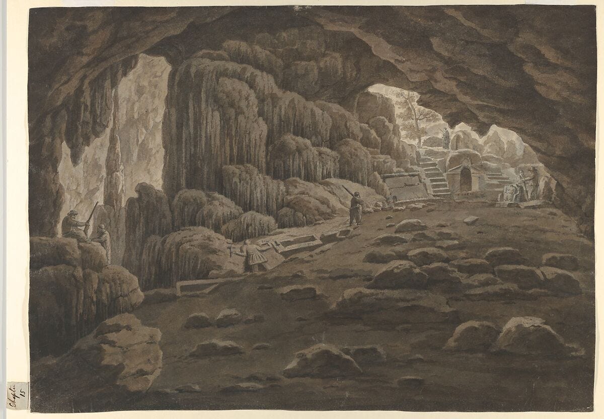 Cave of Pan, near Sunium, Greece, Simone Pomardi (Italian, Monte Porzio 1757–1830 Rome), Pen and brown ink, brush and brown and black wash over graphite 