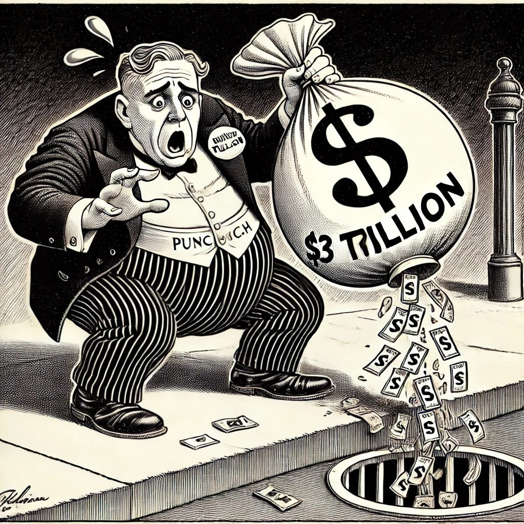 A 1920s-style black-and-white cartoon illustration, reminiscent of Punch magazine, depicting a stock trader in a suit with an exaggerated worried expression. He watches helplessly as a massive bag labeled '$3 Trillion' slips from his fingers and falls into a drain. The bag is slightly open at the bottom, with money visibly falling through a hole, emphasizing financial loss. The trader’s body language is exaggerated in a classic vintage cartoon style, with expressive lines and cross-hatching. It...