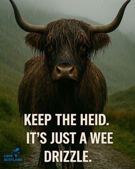 May be an image of text that says "KEEP THE HEID. IT'S JUST A WEE DRIZZLE. LOVE SCOTLAND"