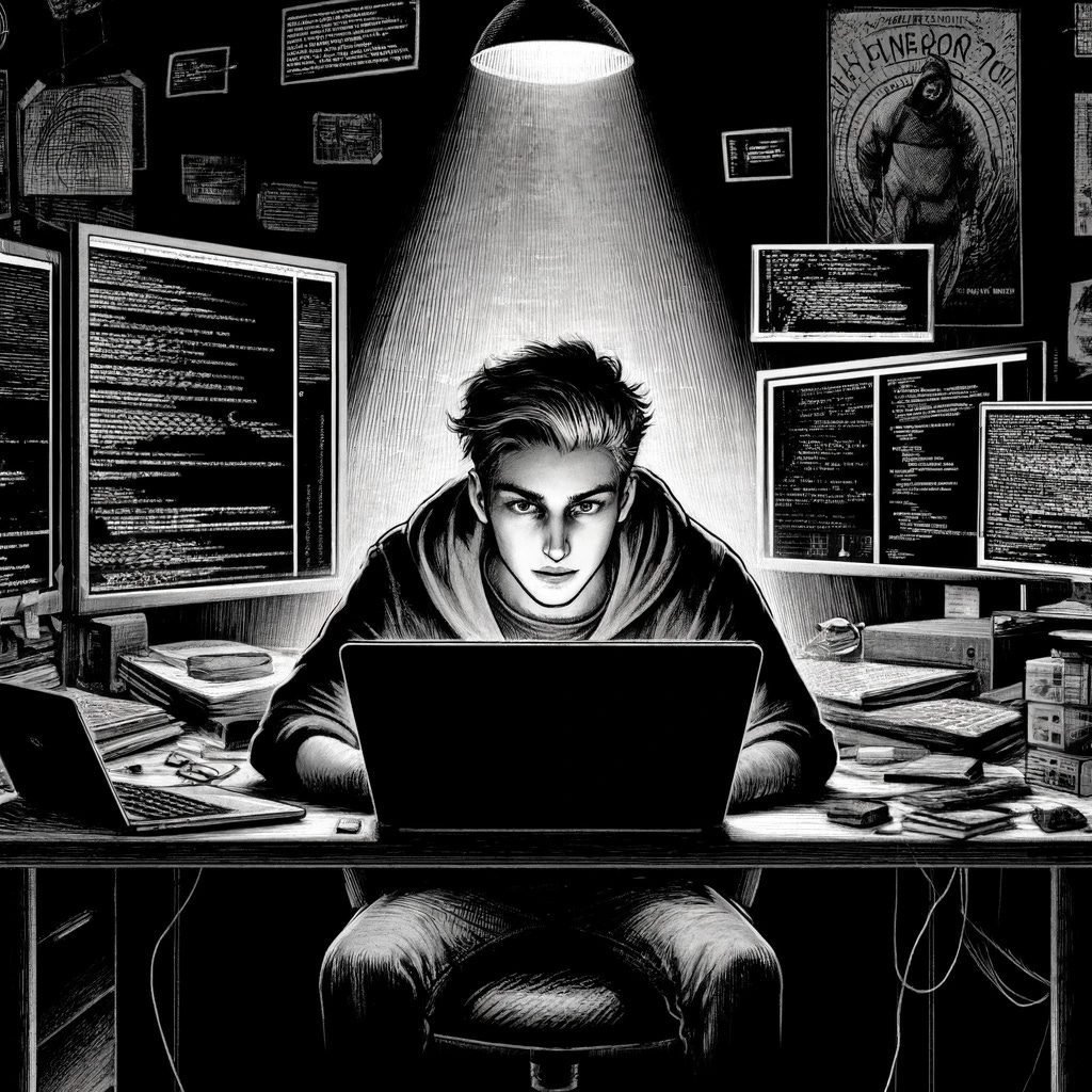 A black and white drawing of a young adult student sitting at a desk cluttered with computer screens displaying code and encrypted messages. The student appears focused, with an intense expression, and is surrounded by dark, ominous shadows suggesting secrecy. The environment is a typical college room with posters and books, but with a suspenseful and mysterious atmosphere.