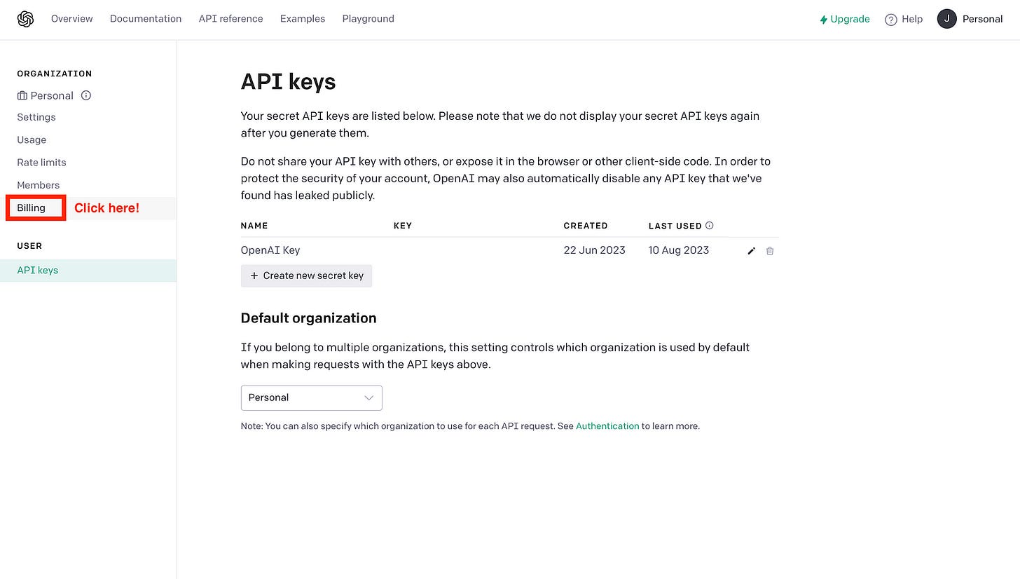 OpenAI API website — Go to Billing. (Image by authors)