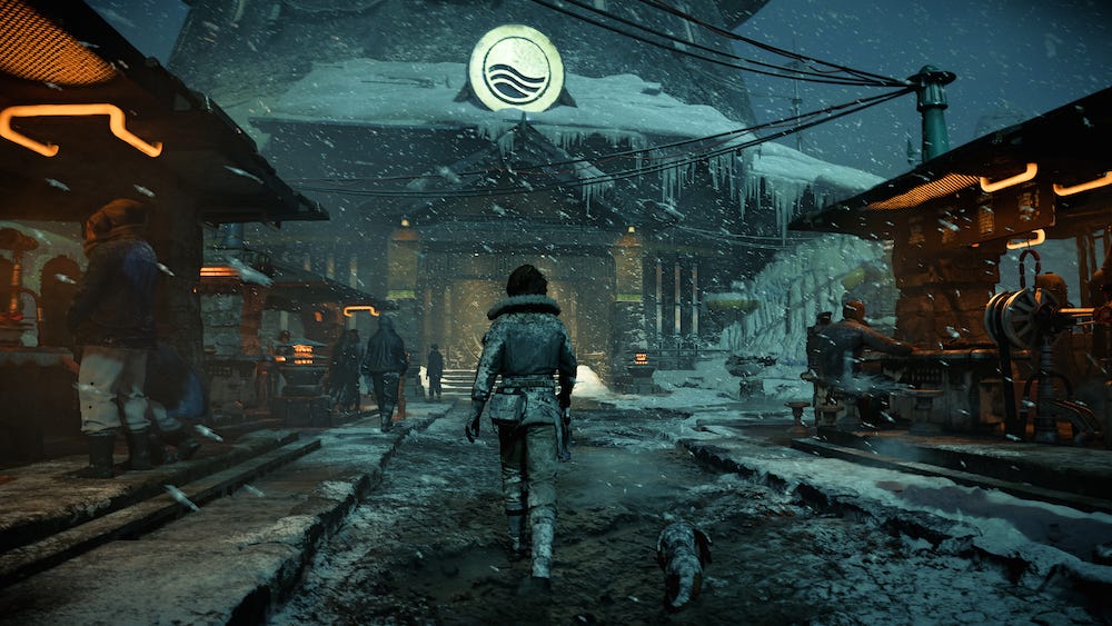 Video game screenshot of a woman walking though a snowy city street toward a building. It's evening and there is snow clinging to her clothes.