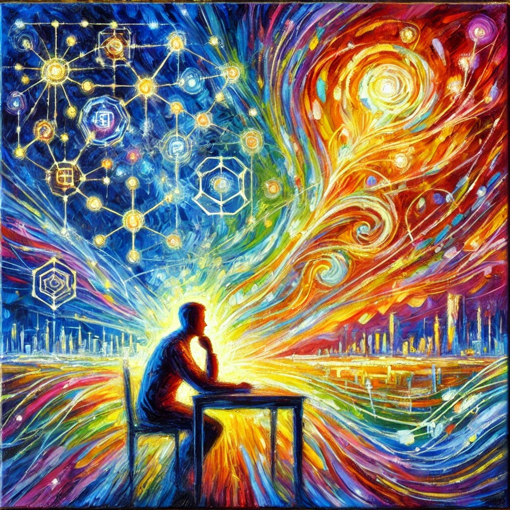 A vibrant square oil painting in an impressionist style. The painting features a contemplative man sitting at a desk surrounded by glowing symbols of technology, such as network lines and nodes, merging with abstract, flowing shapes symbolizing consciousness and awakening. In the background, the scene transitions into a vast, open landscape with bright colors representing transformation and spiritual growth. The brushstrokes are expressive and bold, creating a dynamic interplay between logic, technology, and spirituality.