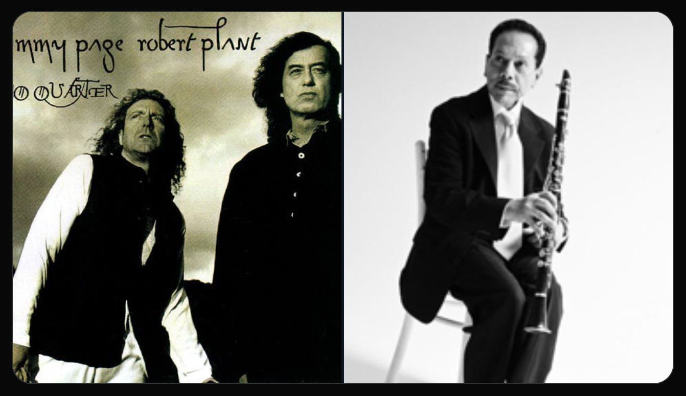 Yan yana iki görsel. Solda Jimmy Page ve Robert Plant'in No Quarter adlı albümünün kapağı. Kapakta bu iki müzisyenin siyah-beyaz bir fotoğrafı var. Sağdaki ise Barbaros Erköse'nin fotoğrafı. Elinde klarneti, bir tabureye oturmuş.
