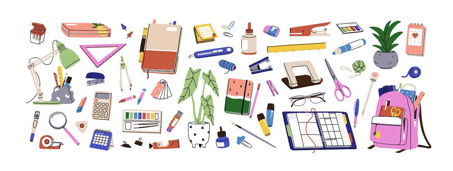 Decorative image with illustrations of various art supplies