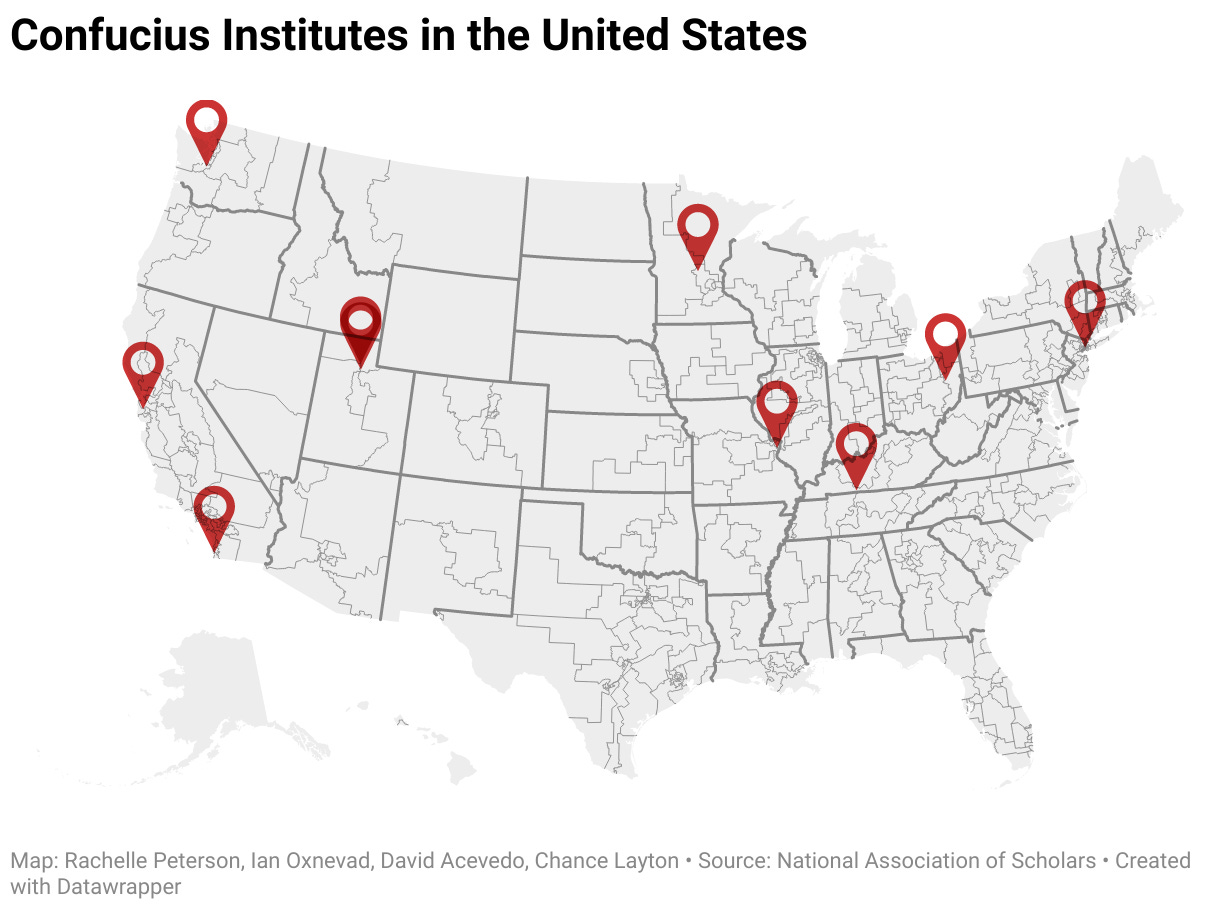 NAS graphic showing the 9 Confucius Institutes operating as of June 2023.