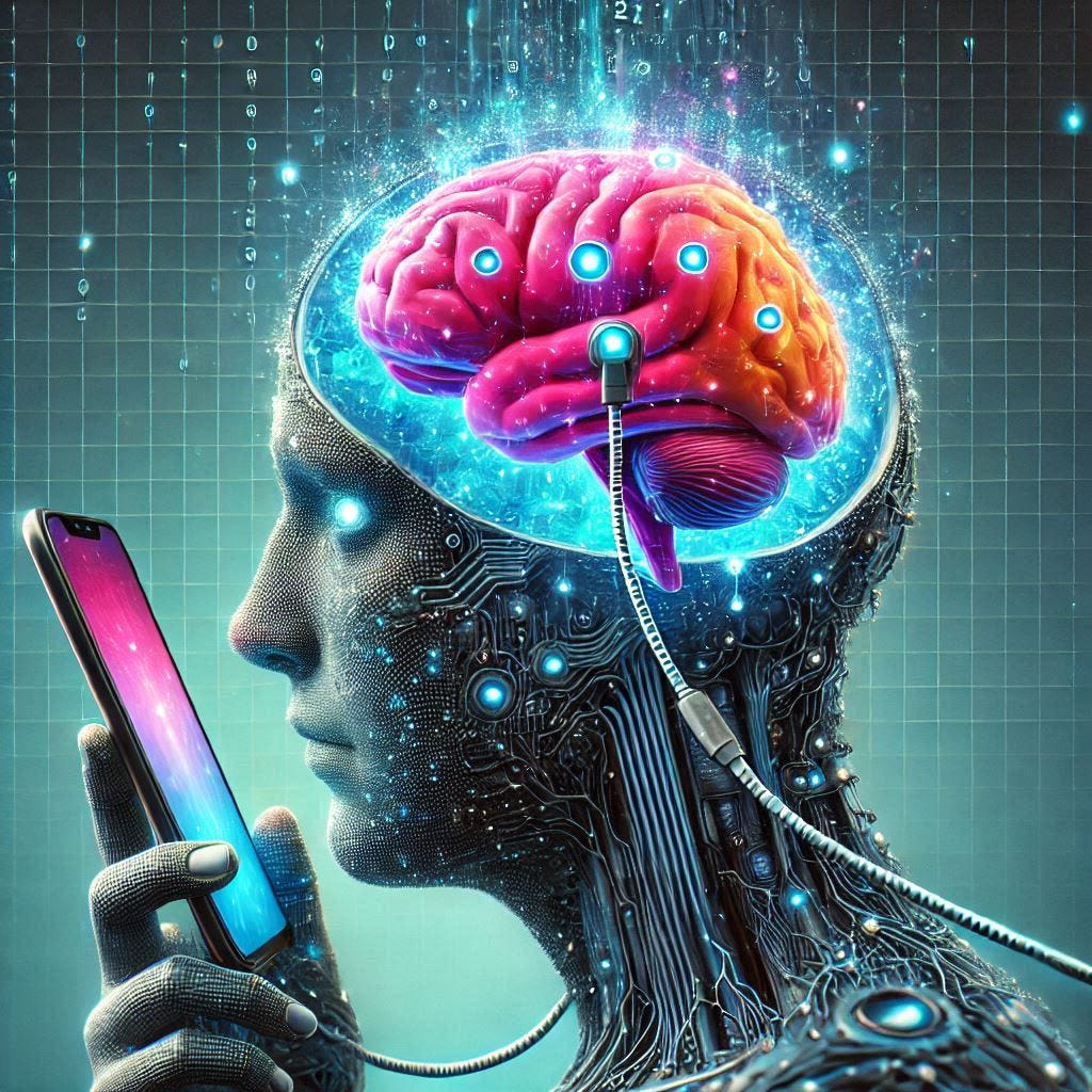 brain scan with holes in the brain, phone connected to a human brain, cyberpunk digital art