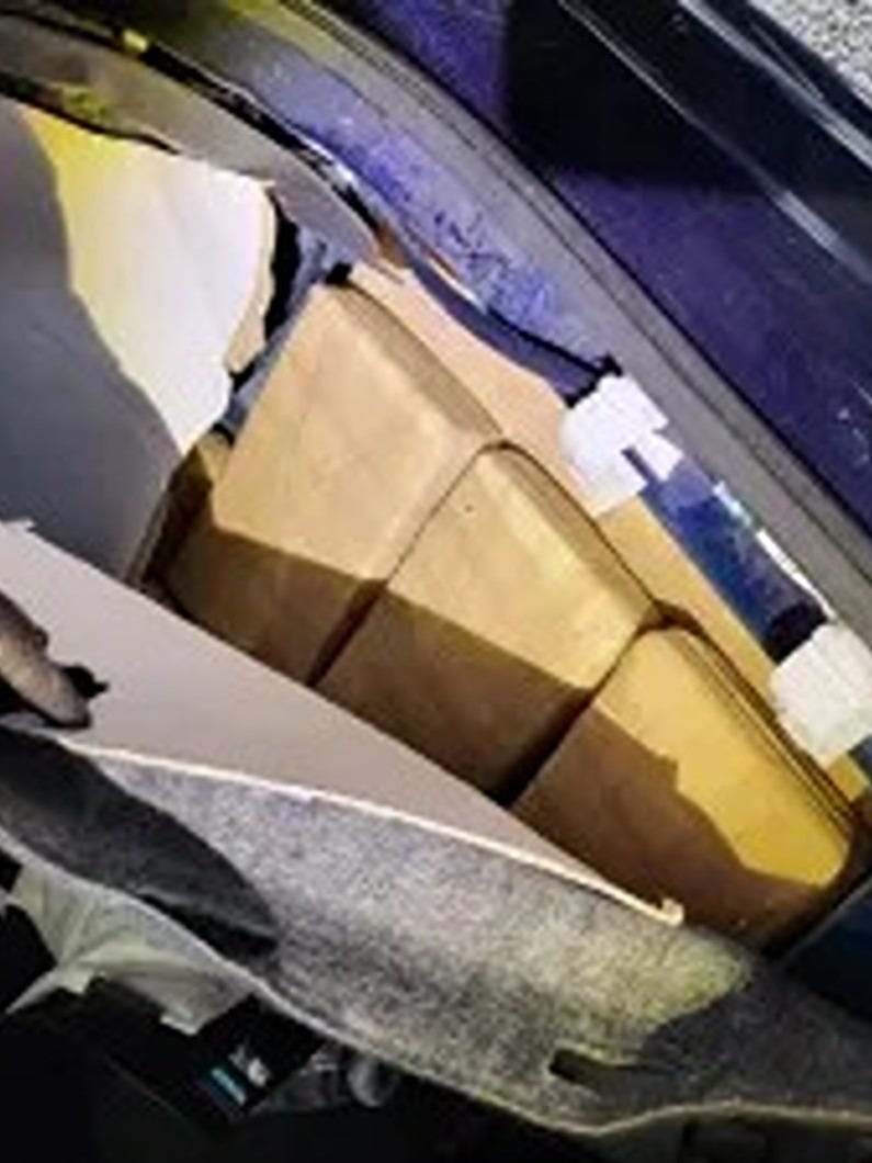 Drug bundles hidden under the floor of car arriving in El Paso from Ciudad Juarez. Drug bundles hidden under the floor of car arriving in El Paso from Ciudad Juarez.