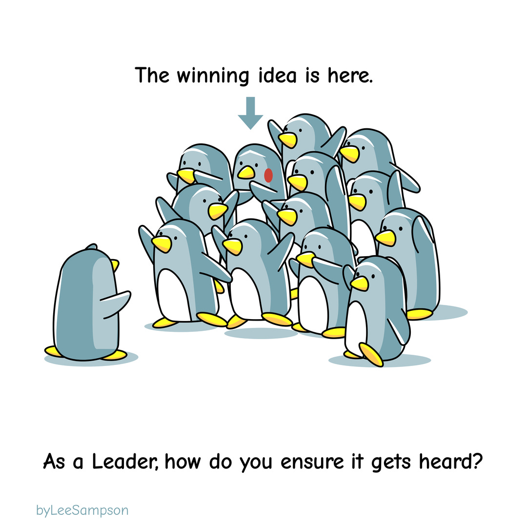 A leadership cartoon promoting good communication featuring penguins.