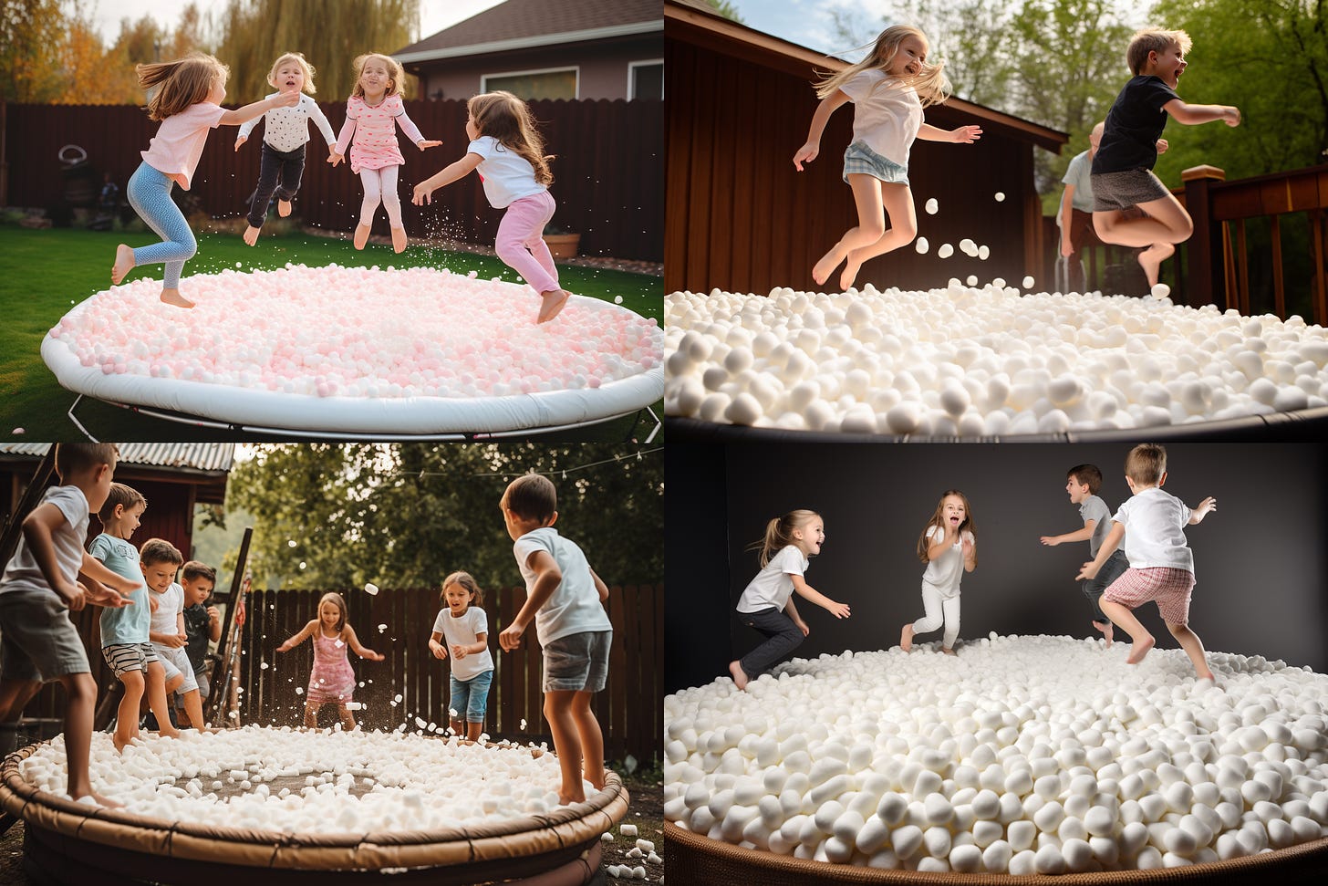 Midjourney V5 results for "kids jumping on a trampoline made of marshmallows" -  4-image grid.
