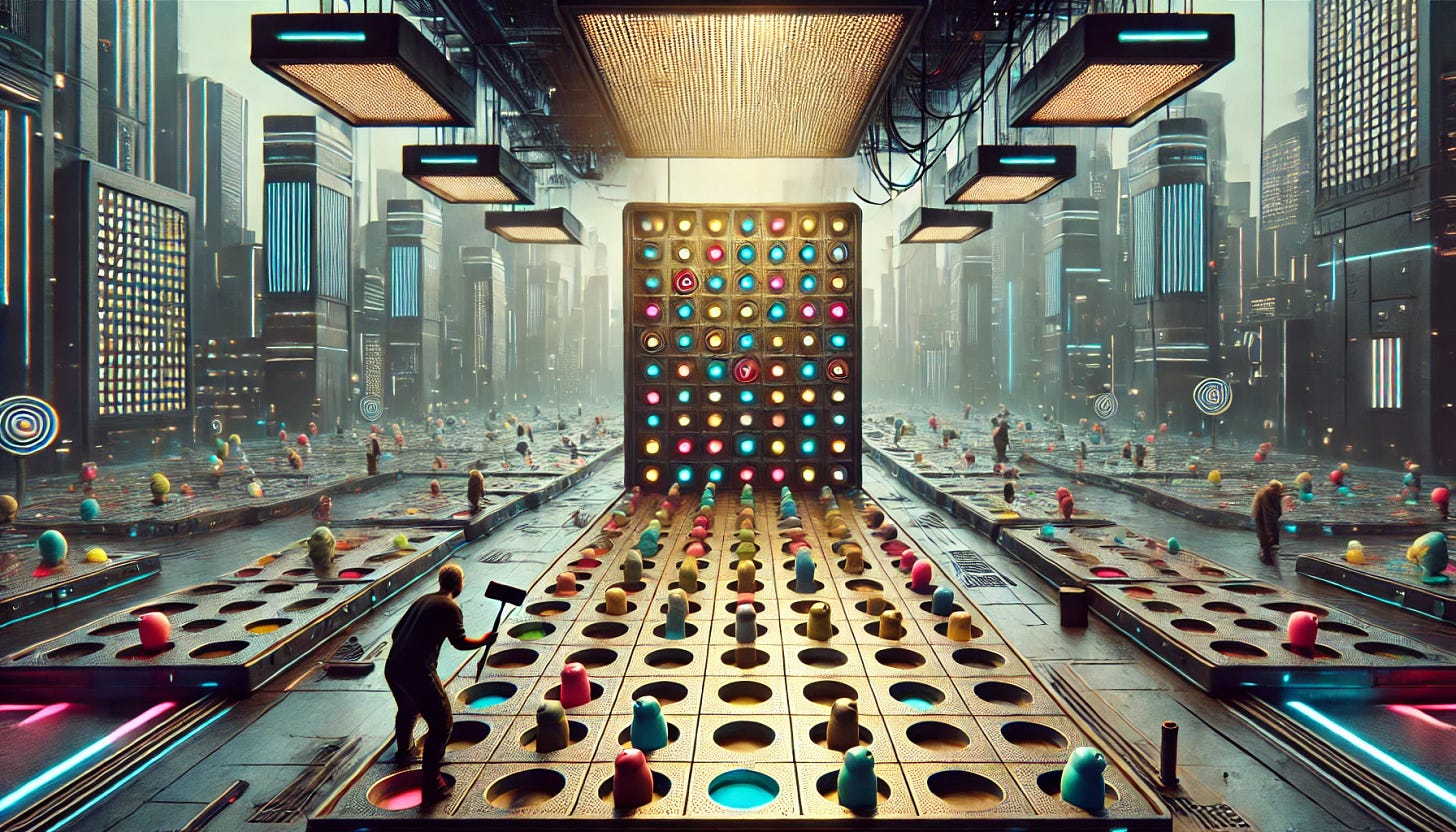 A wide-angle photograph of a large whack-a-mole game with about 50 holes, each hole spaced evenly in rows and columns across the surface. The game is set in a bland cyberpunk aesthetic background, featuring muted, industrial colors and minimal neon lights to ensure attention is focused on the game. The background includes faint outlines of futuristic buildings and subtle cyberpunk elements like wires and metallic textures, without overpowering the scene. A person holding a mallet, poised to hit a mole, is positioned near the center of the game. The whack-a-mole surface is brightly lit with colorful moles popping up randomly. The lighting focuses on the game, creating a stark contrast with the subdued background. Created Using: muted color palette, cyberpunk elements, dynamic lighting on the game, wide-angle perspective, detailed textures, industrial background, high-definition quality, human interaction