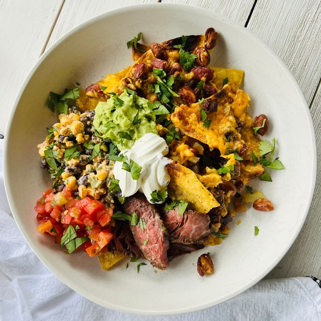 nachos, corn and bean salad.  weeknight family meal idea.