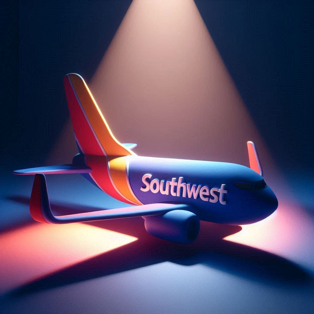 Southwest airlines - in Claymation  - Using bright colours - minimalist image - Smooth Image - with 3d Effects with light projecting from the top in a dark room