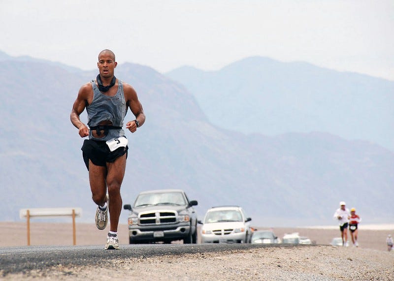 David Goggins running an ultramarathon. David Goggins running an ultramarathon.