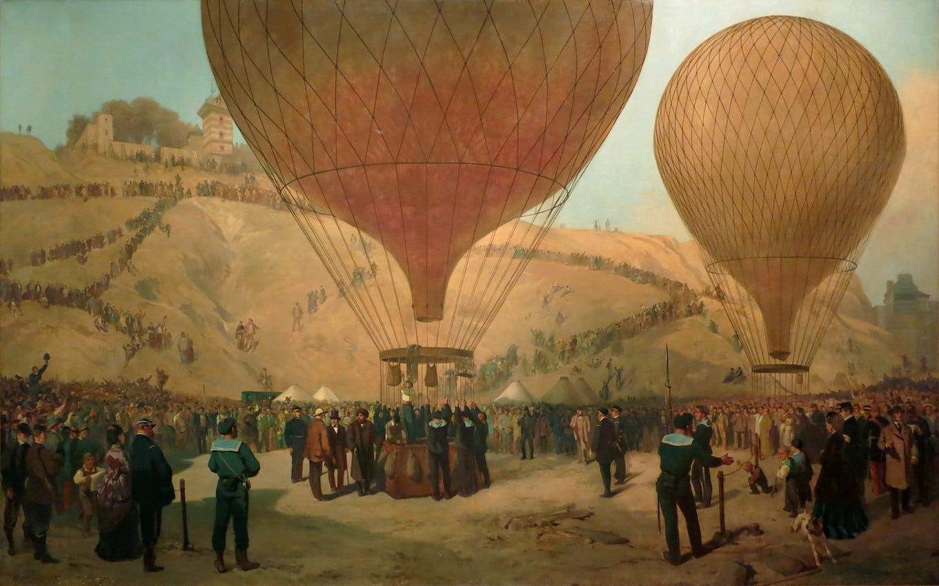 Tableau montrant le ministre Gambetta quittant Paris en ballon, lors de la Guerre de 1870, pour aller réorganiser l'armée française.