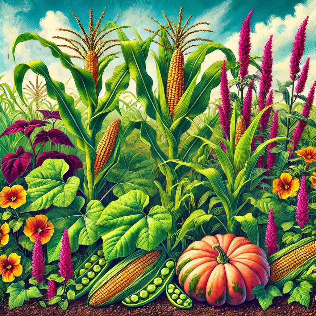 A vibrant illustration of a Three Sisters garden (corn, beans, and squash) with the addition of amaranth plants. The corn is tall and robust with green stalks, beans climbing up the corn, and sprawling squash plants with bright orange blossoms covering the ground. Interspersed among them are striking amaranth plants with magenta seed heads and lush green leaves. The scene is lush and dynamic, with a backdrop of blue sky and earthy tones to highlight the natural harmony of these companion plants. The composition is artistic and naturalistic, emphasizing the permaculture principle of plant diversity. No text.