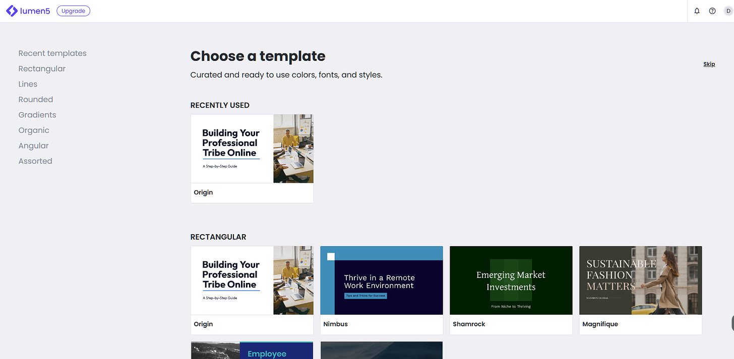 Lumen5 template selection