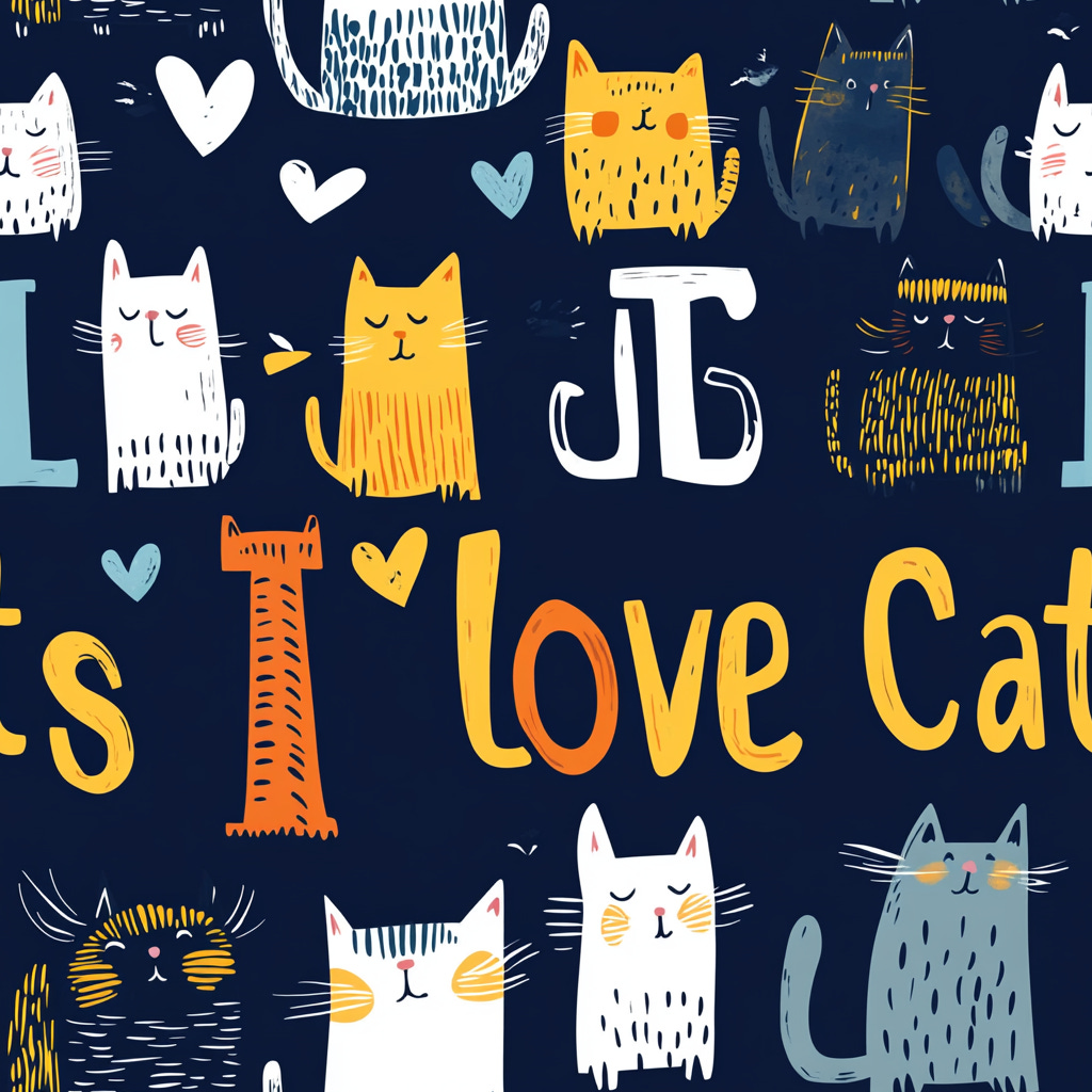 A simple and seamless tile image. /imagine prompt: a word art illustration “I love cats” in the style of children storybook — tile — v 6.1