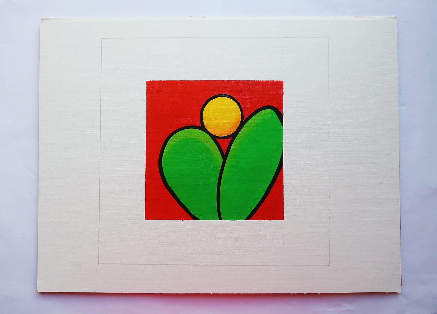 An oil painting of a round yellow shape and two green leaf shapes on a red background