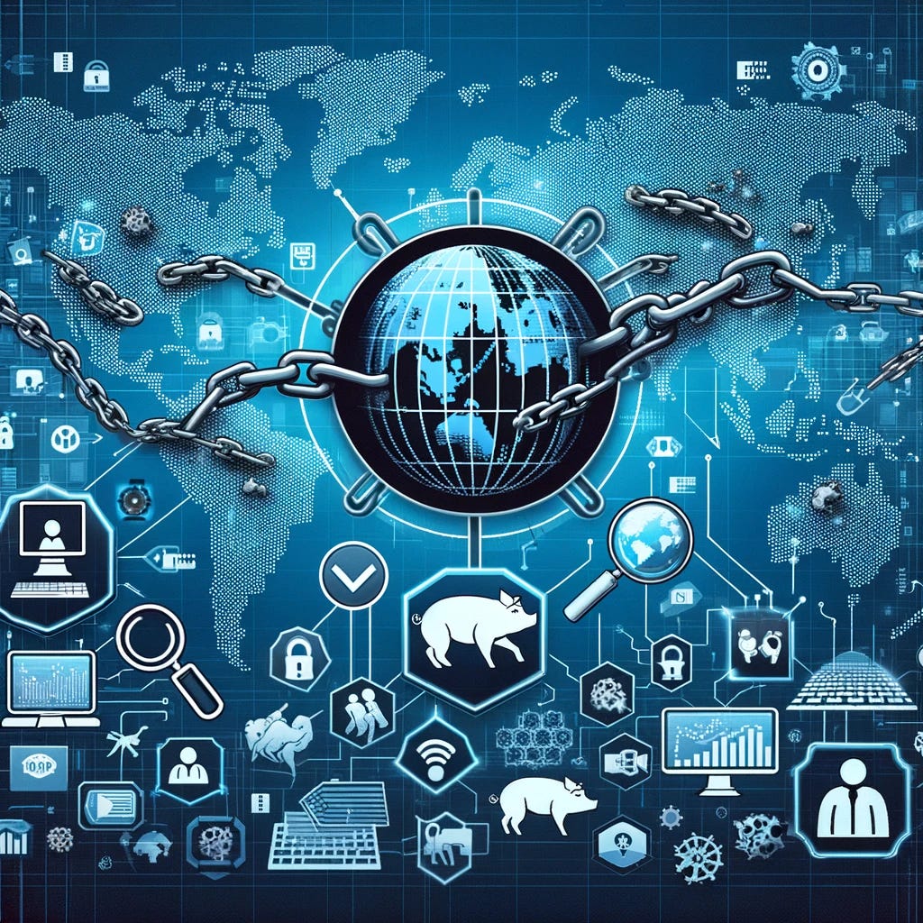 Create a graphic illustrating 'Combating Human Trafficking and Pig Butchering Scams Through Blockchain Technology'. Feature a digital world map as the background, pinpointing global hotspots for these crimes. Include a central image of a blockchain network overlaid with chains breaking, symbolizing the disruption of these criminal networks. Add icons representing human figures being freed from chains, and digital forensic tools like magnifying glasses and computers analyzing data. Use a color scheme of blues and grays to convey a high-tech, forensic atmosphere, and include visual elements like digital locks and keys to represent security and unlocking solutions.