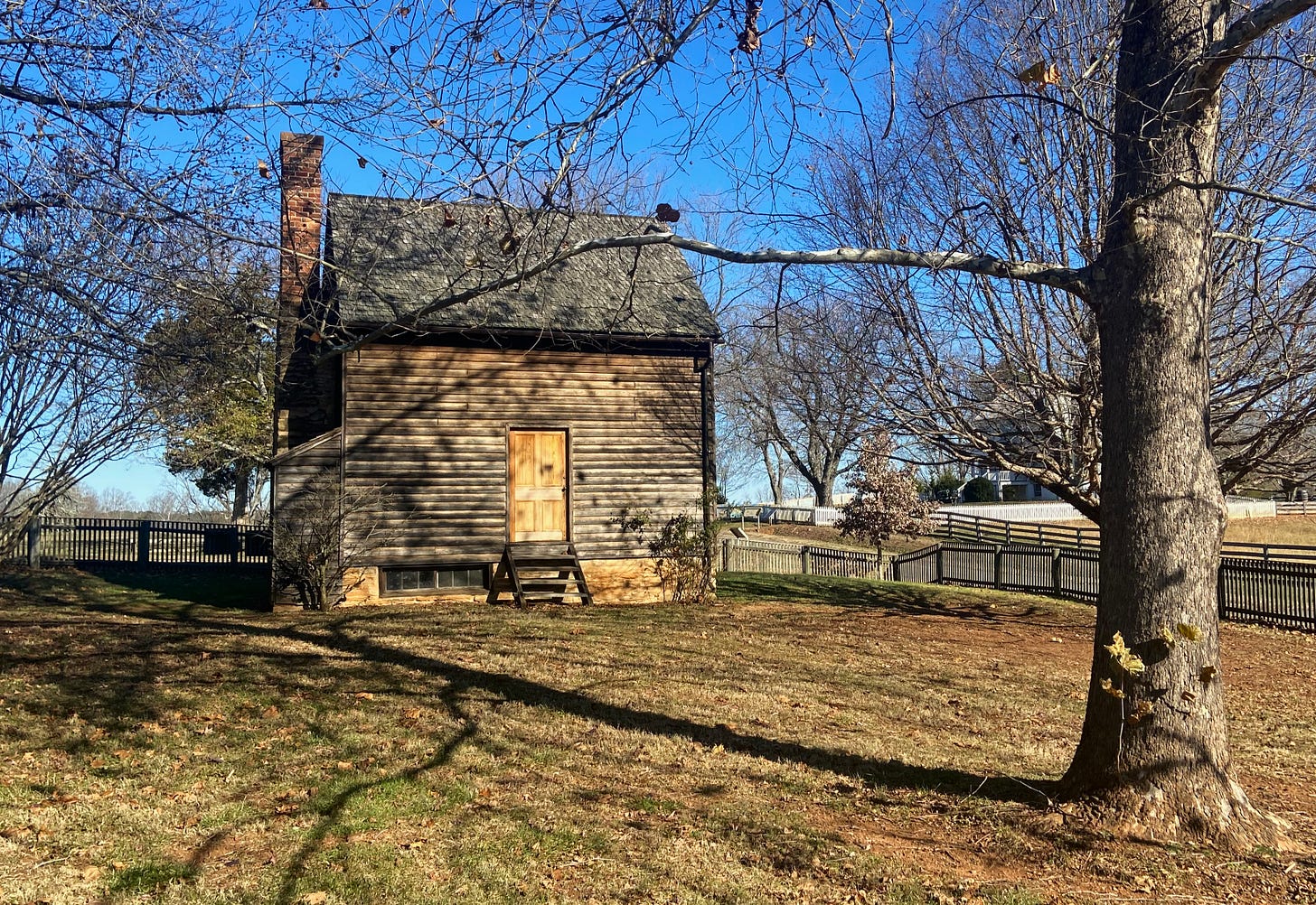 Back of the Kelley/Robinson house, with the Peers House and Richmond-Lynchburg Stage Road just beyond it. John Robinson and several family members are buried in this backyard. Author photograph, November 22, 2022.