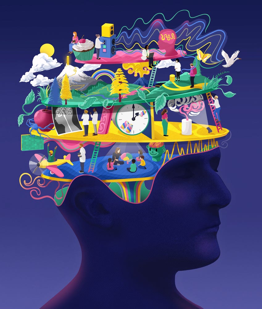 Blue background and blue profile of a head containing variety of levels. Each level harbors different representations of activities that require brain power. The image illustrates how decision-making is an essential feature of the brain. 