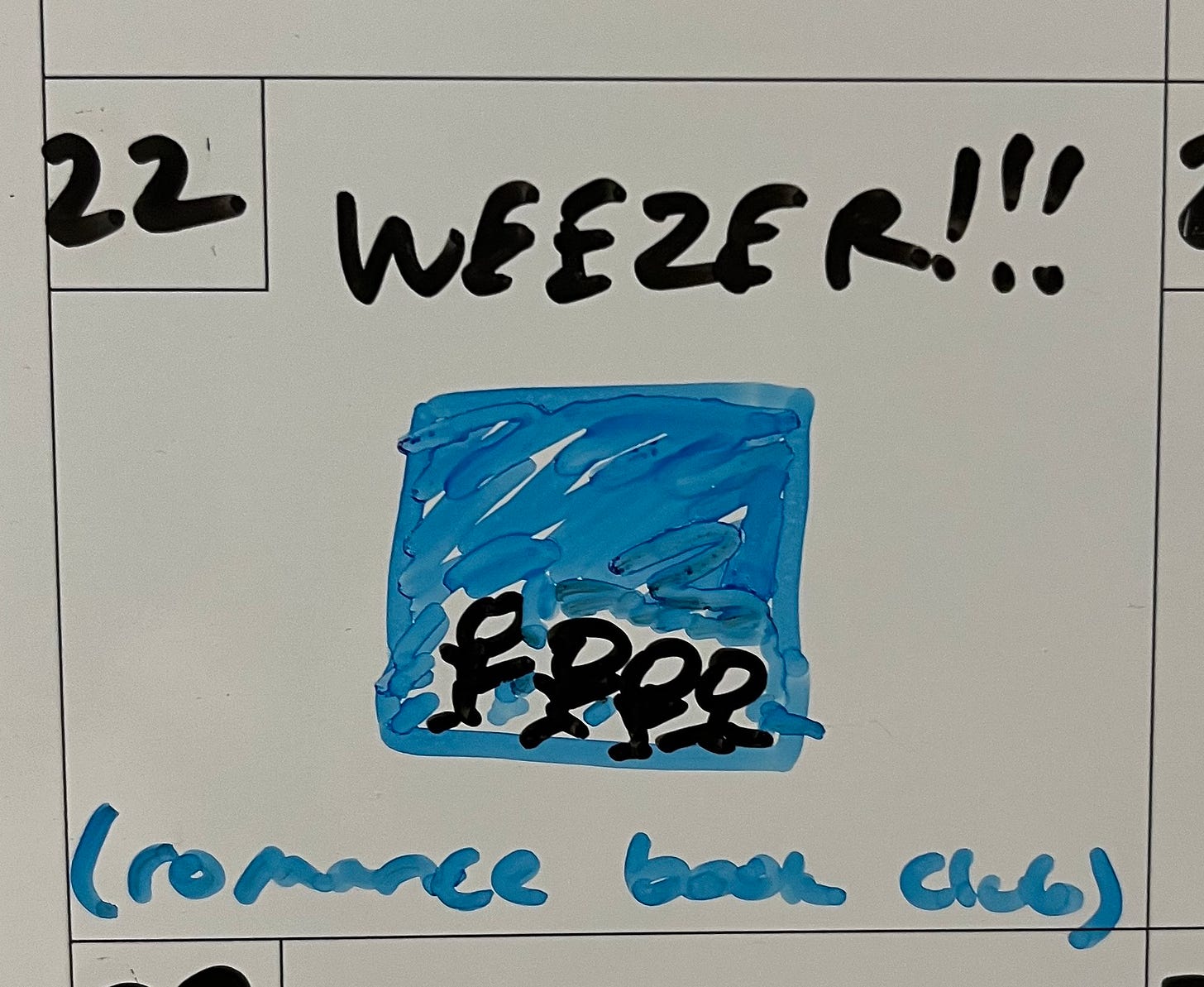 Picture of calendar with "Weezer!" written and then a drawing of the blue album with stick figures