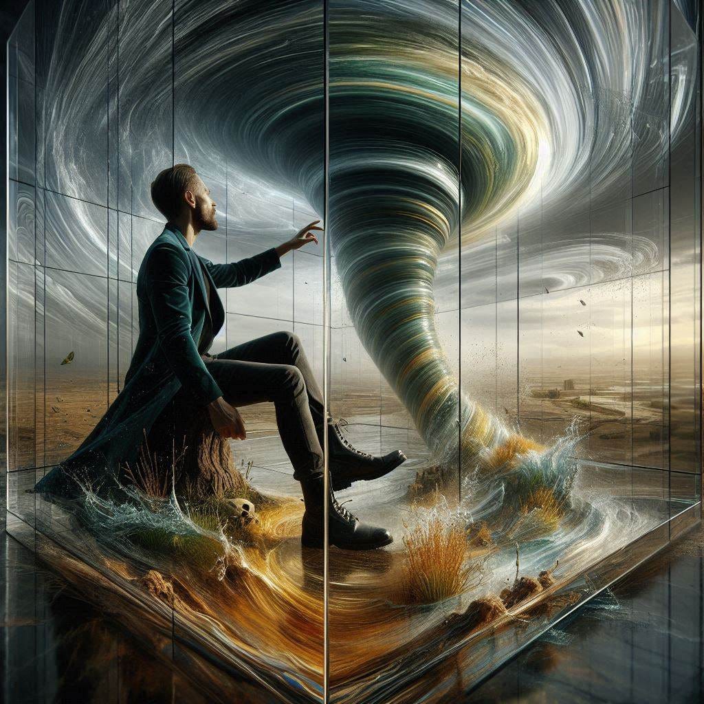 phylotaxis inside glass structure; tiltshift /Broken into fragments/ pieces/ 8d angle glass embedded /  handsome middle aged man/ velvet bluegreen long coat/ black leather boots.water in resin/ ; at Monks mound at Cahokia / amber cream,Getting sucked into tornado / reverberating waves. black hole in floor/ water in resin verdigris/ In the style of Michael Parkes. black etching/ black linework/ black sky 