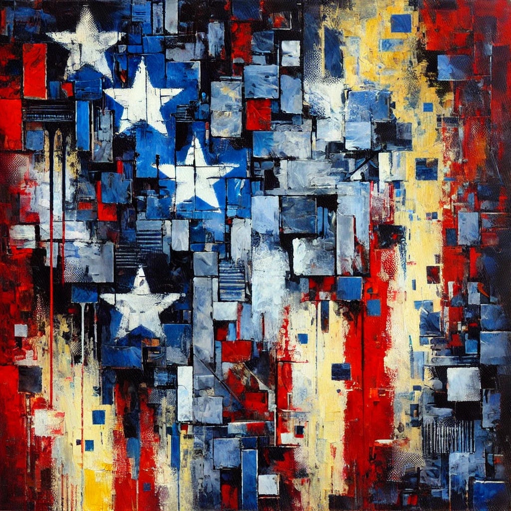 An abstract painting representing the concept of democratic erosion. The composition features bold, fragmented shapes in deep blues and reds, symbolizing political division. Dark, shadowy textures encroach on areas of bright yellow and white, illustrating the shrinking space for free speech and opposition. Jagged lines and layered brushstrokes evoke tension and suppression, while faint, obscured text elements hint at censored voices. The overall mood conveys a sense of instability and creeping authoritarianism.