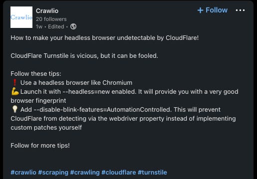 Crawlio's Linkedin post about Chrome options