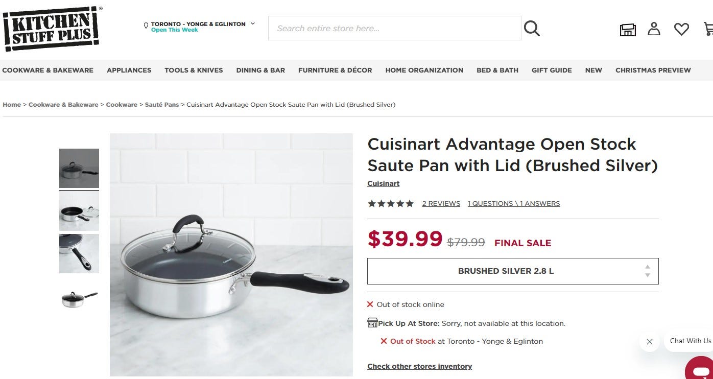 A screengrab from the Kitchen Stuff Plus website showing a 2,9 L Cuisinart saute pan with lid (similar to the Always Pan) priced at $39.99, marked down from $79.99.