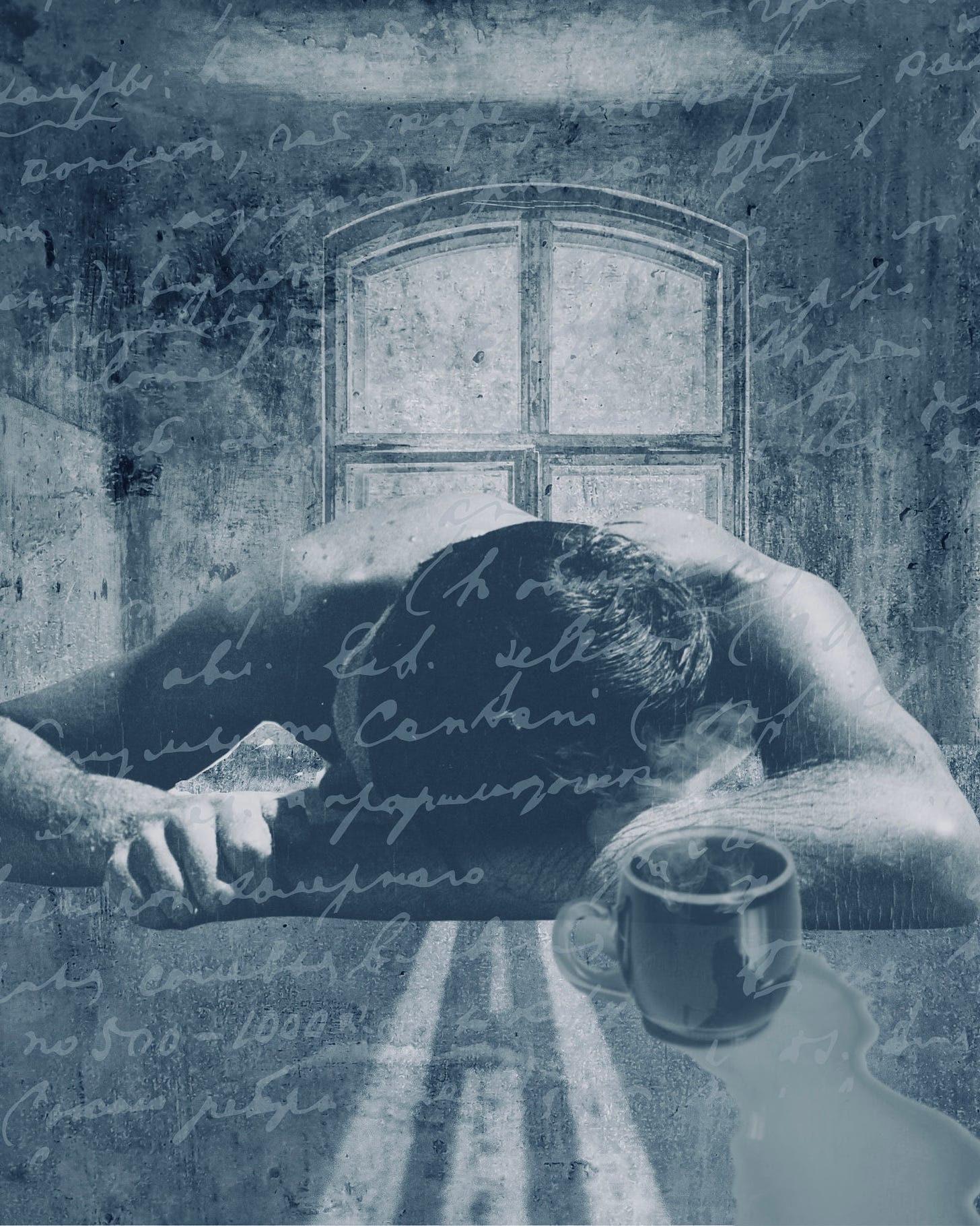 A blue monochrome image of a man with his head resting in between his arms. An open window is juxtaposed in the background. An open road in the foreground. A spilled coffee cup sits on his right side.